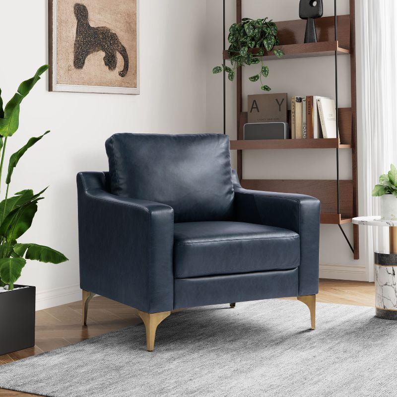 Navy Blue Faux Leather and Wood Accent Chair