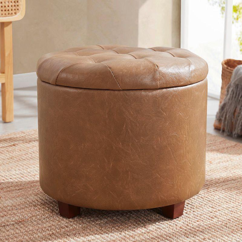 Ornavo Home Faux Leather Upholstered Round Tufted Storage Ottoman with Wooden Legs - Mocha