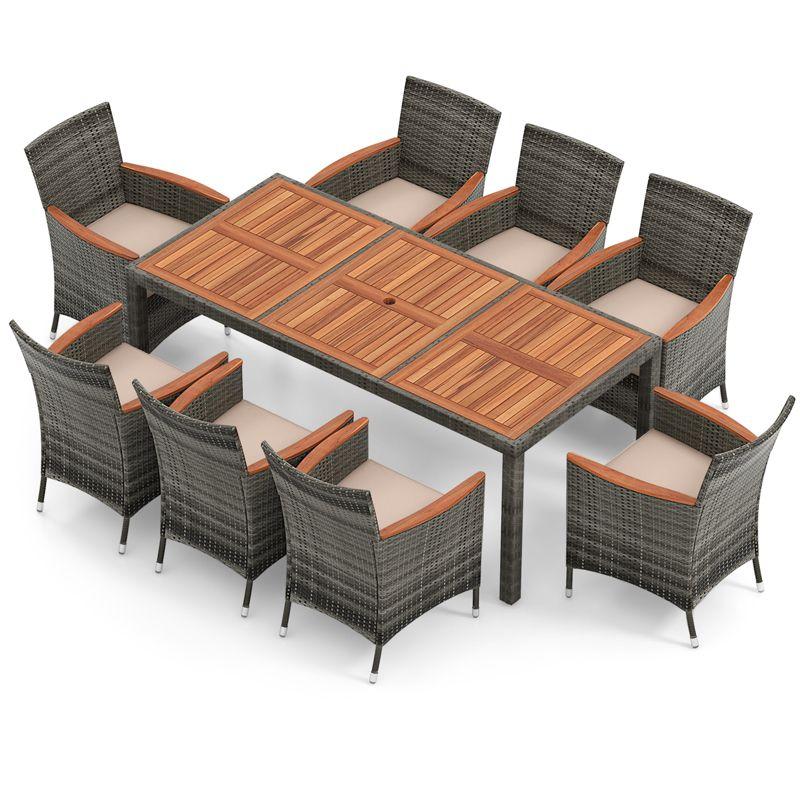 Costway 9PCS Patio Rattan Dining Set Acacia Wood Table Cushioned Chair Mix Gray