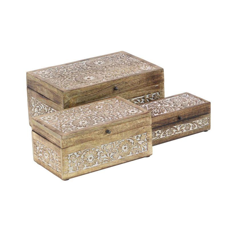 Set of 3 Mango Wood Carved Floral Boxes - Olivia & May: Coastal Style with Lids, Indoor Use, Non-Slip Base