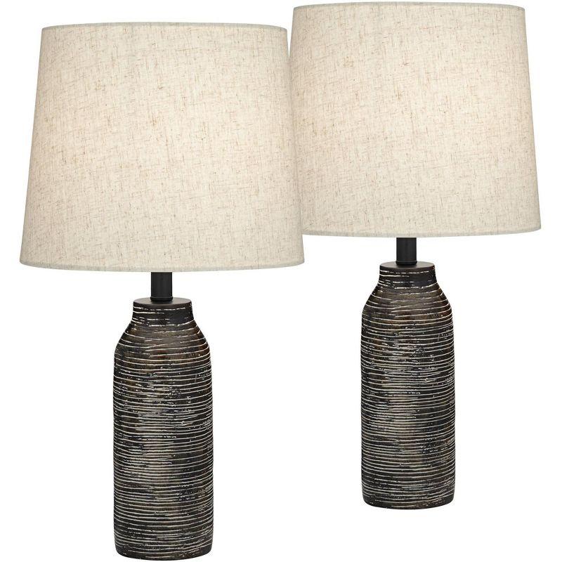 Set of 2 Black Grooved Resin Table Lamps with Oatmeal Shades