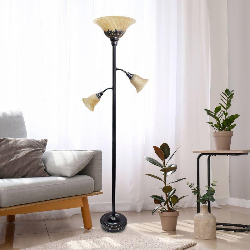 Restoration Bronze Adjustable Torchiere Floor Lamp with Scalloped Glass Shades