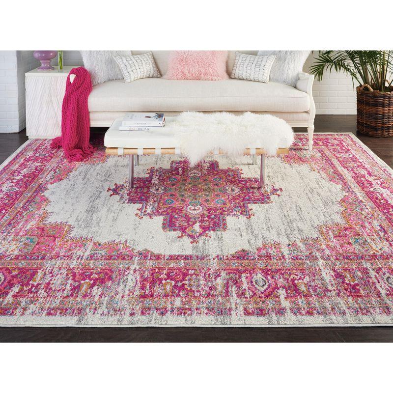 Elegant Extra Large Round Medallion Rug in Ivory and Fuchsia