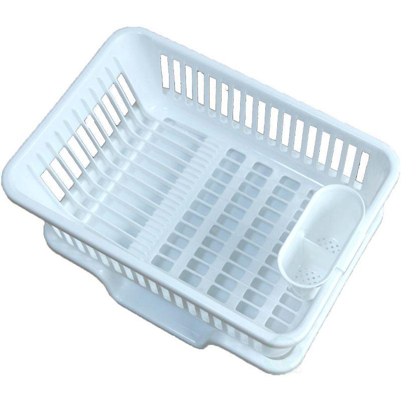 Basicwise Heavy Duty 2-Piece Plastic Dish Drying Rack Set in White - Includes Large Dish Drainer, Attached Drainboard, and Utensil Cup Holders