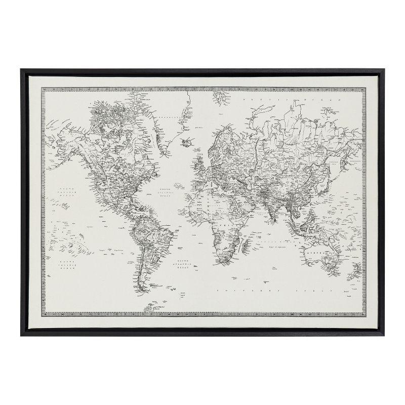 Kate and Laurel Sylvie Vintage Black and White World Map Framed Canvas by The Creative Bunch Studio