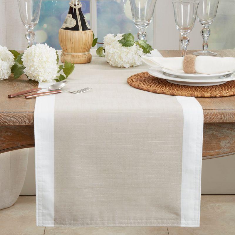 Beige and White Polyester Table Runner with Trim Embellishment