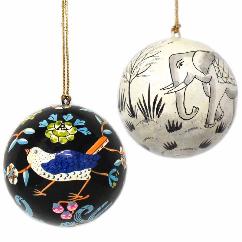 Slickblue Handcrafted Set of 2 Papier-Mâché Ornaments – Bird & Elephant Designs, 3" with Tassel Loops