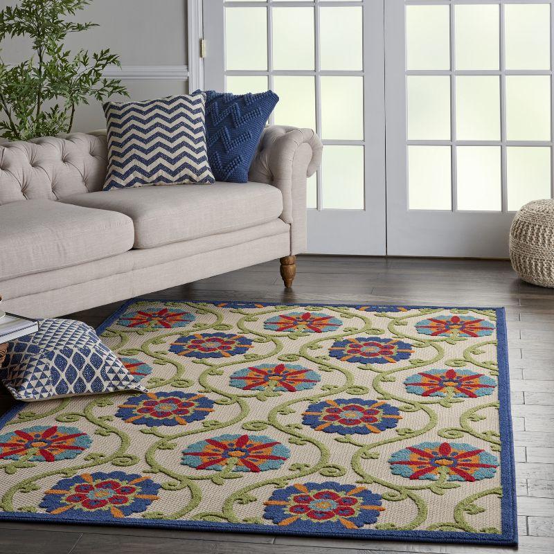 Aloha Floral Bliss Indoor/Outdoor Blue Multicolor Flat Woven Rug