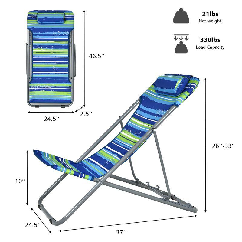 Blue and Green Striped Folding Beach Chairs with Adjustable Backrest