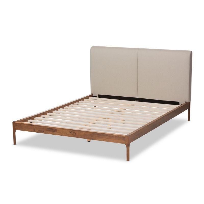 Mid-Century Modern Beige Oak Upholstered Full Platform Bed