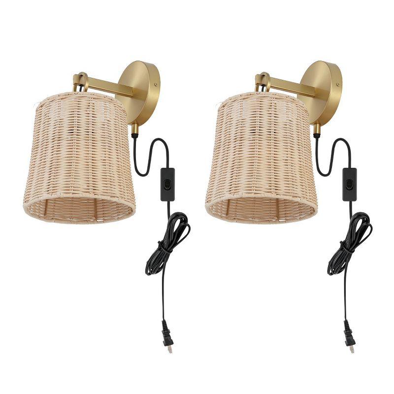 Elegant Brass and Rattan 10" Plug-In Wall Sconce Set