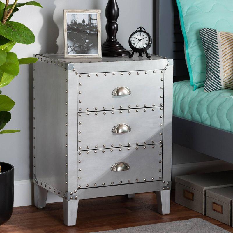 Claude Metal 3 Drawer Nightstand Silver - Baxton Studio: Vintage-Inspired, Rivet Detail, Fully Assembled