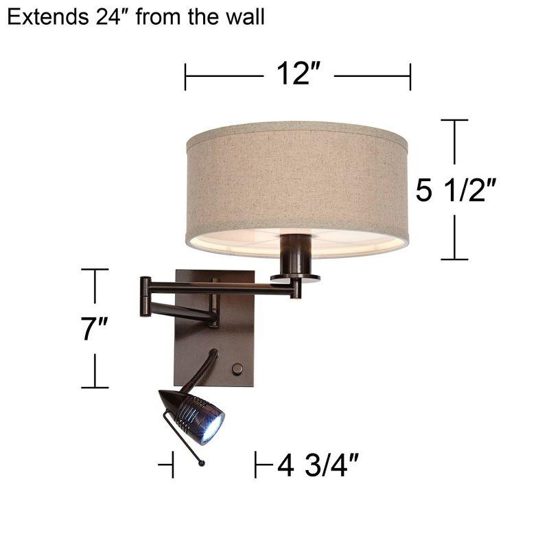 Possini Euro Design Radix Modern Swing Arm Wall Lamp Bronze with Cord Cover LED Reading Light Plug-in Light Fixture Oatmeal Shade for Bedroom Bedside