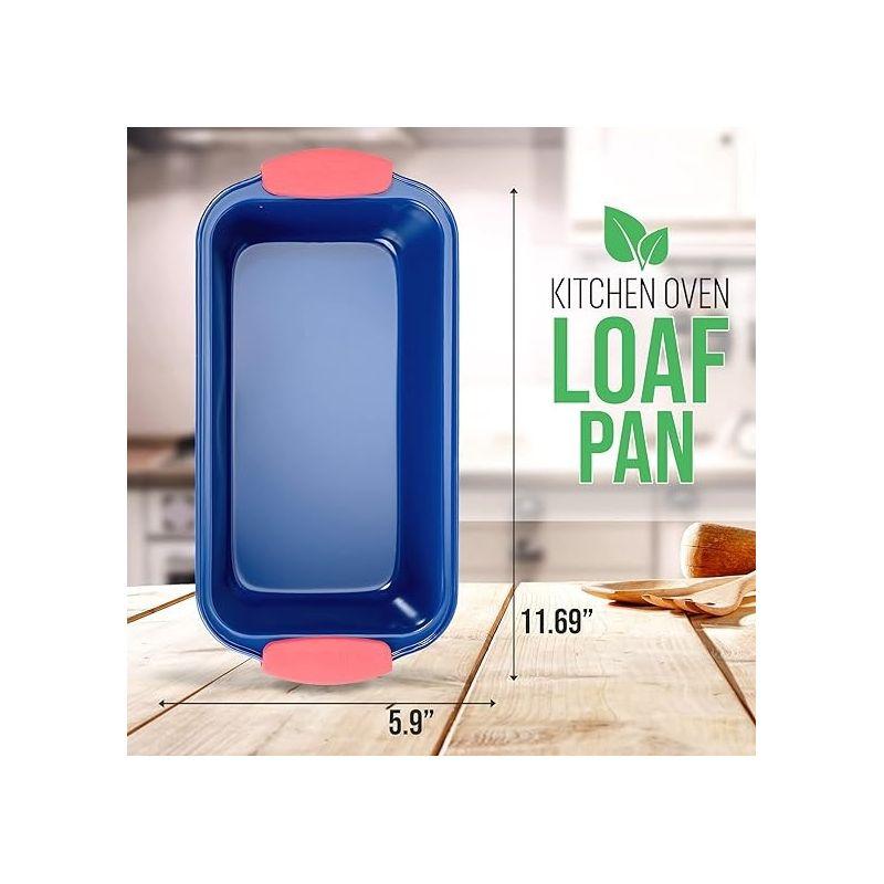 NutriChef Blue Non-Stick Carbon Steel Loaf Pan with Red Silicone Handles