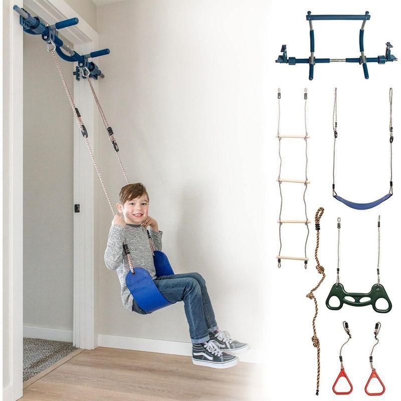 Blue 6-Piece Indoor Doorway Gym with Swing and Slide