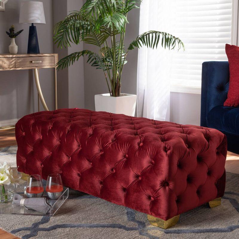 Avara Velvet Button Tufted Bench Ottoman Red - Baxton Studio: Gold Legs, Plywood Frame, Luxurious Bedroom Furniture