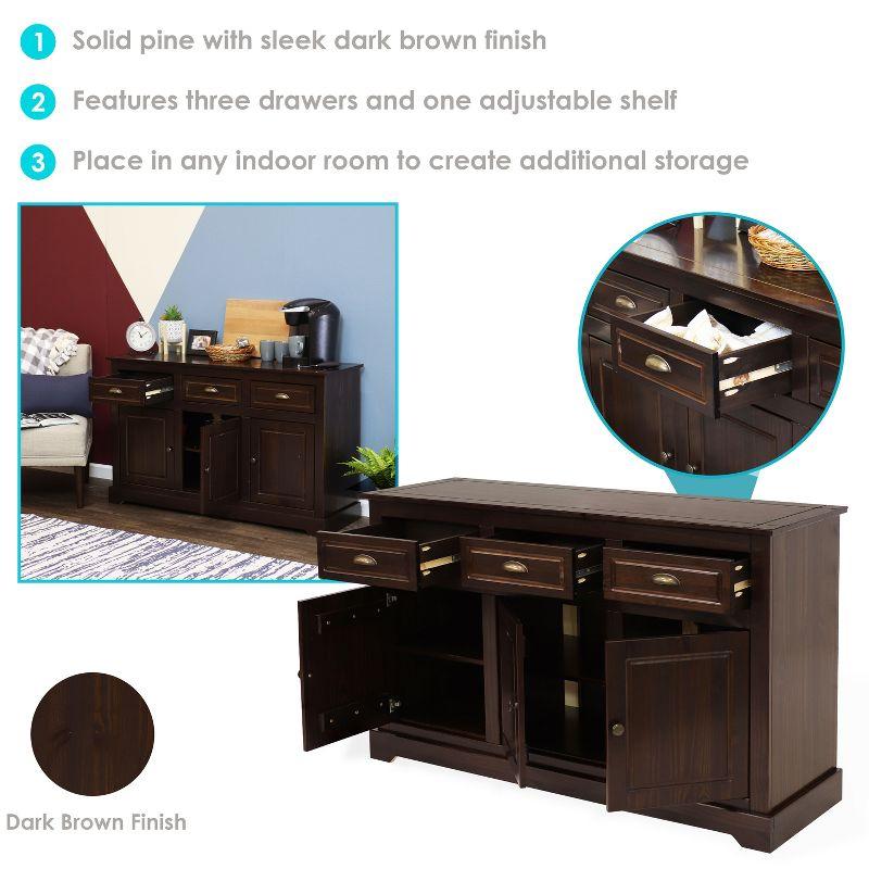 Sunnydaze Sideboard with 3 Drawers and 3 Doors - Solid Pine Construction - Dark Brown- 32"