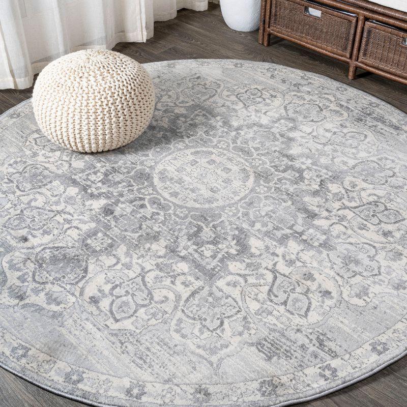 6' Round Modern Persian Vintage Moroccan Medallion Area Rug, Light Gray - JONATHAN Y