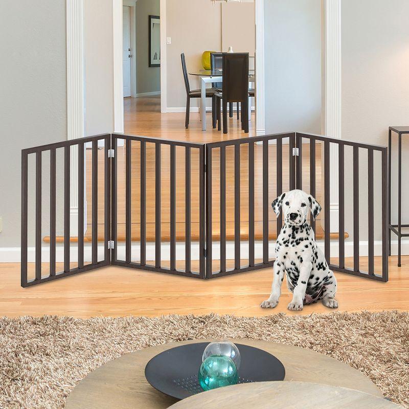 Brown 4-Panel Freestanding Retractable Pet Gate with Metal Hinges