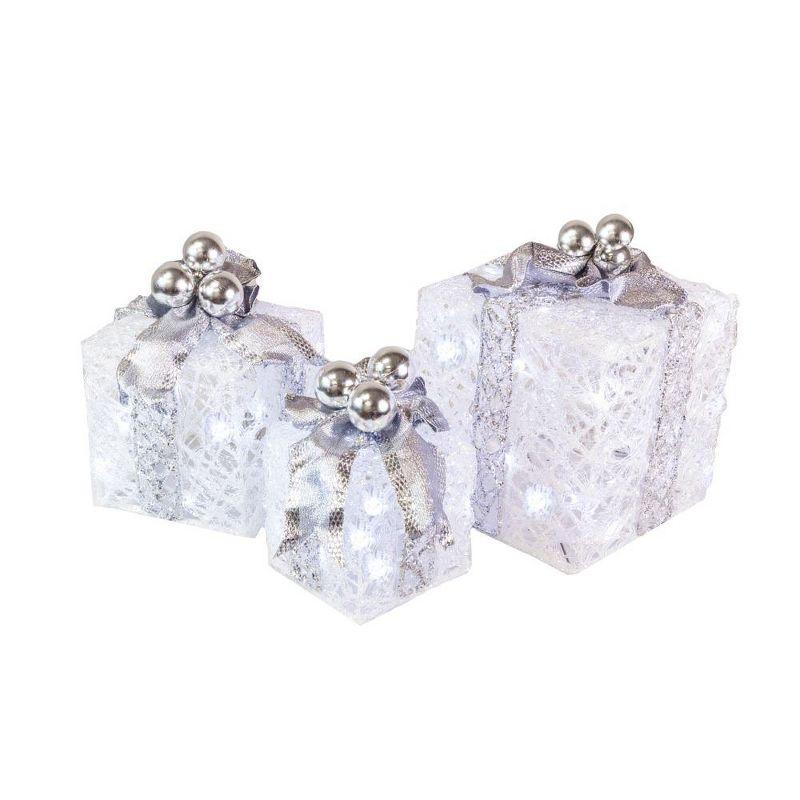 Novelty Lights LED Pre-Lit Twinkle Glittered White Gift Boxes at Christmas for Under Tree Decoration, 70 lights, Pure White, Set of 3