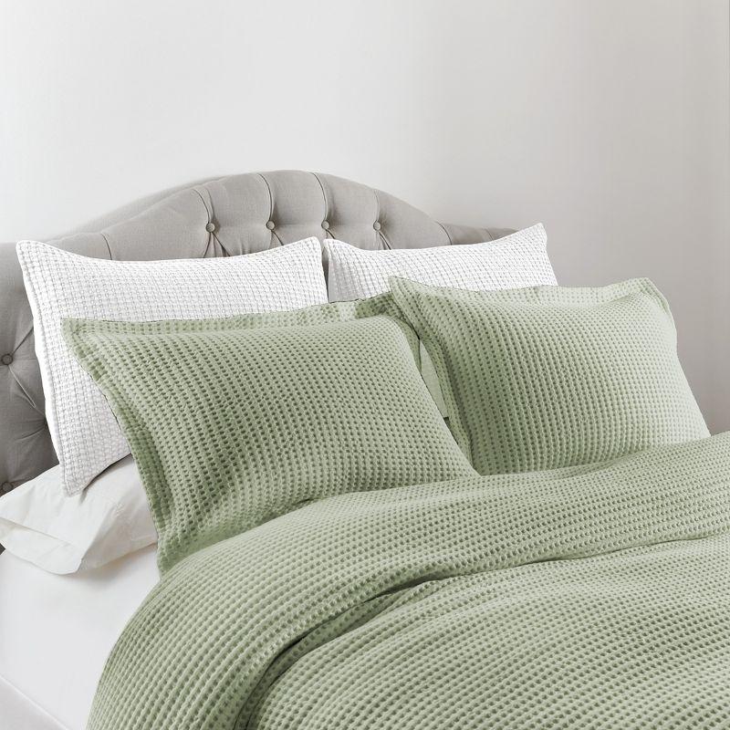 Organic Cotton Waffle Grey Pewter and Sage Full Duvet Set