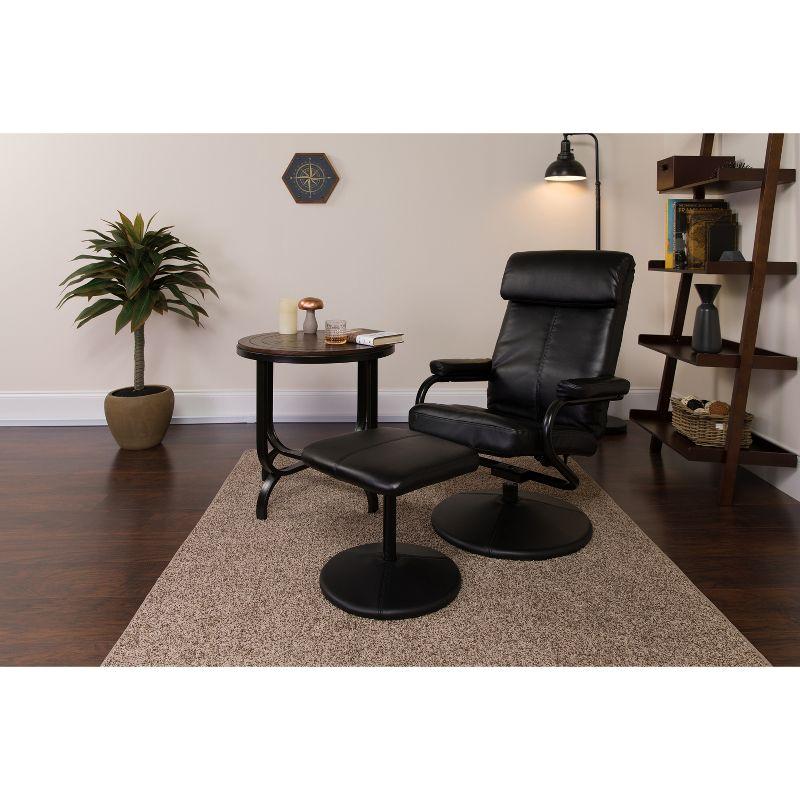 Eco-Friendly Black Leather Recliner and Ottoman Set with Leather-Wrapped Base
