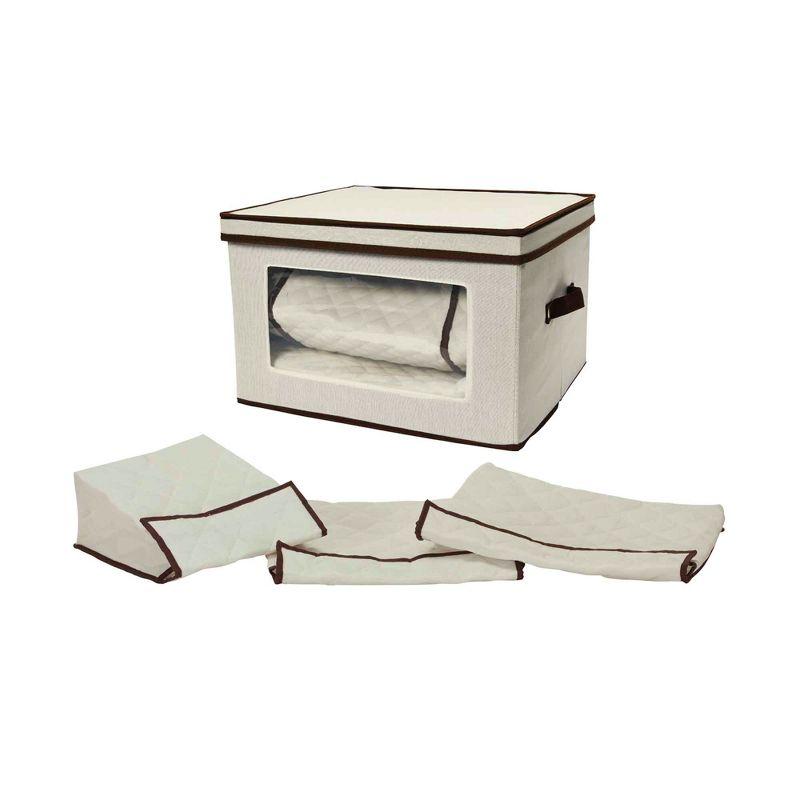 Large Serveware Storage Box, Polyester Canvas with Fiberboard Sides, 3 Protective Pouches, Fully Removable Lid, Natural with Brown Trim