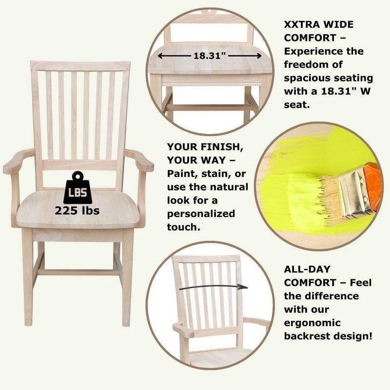 Mission Side Chair with Arms Unfinished - International Concepts: Solid Wood, Slat Back, Kitchen Furniture