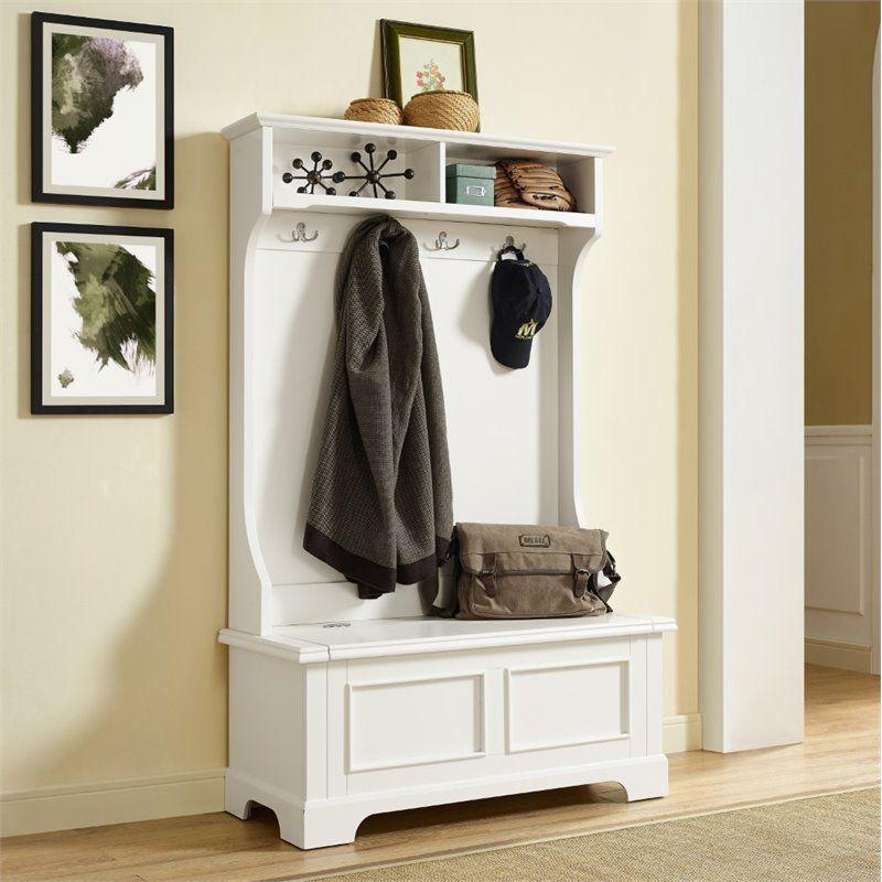 White Hardwood Hall Tree with Storage Bench and Hooks