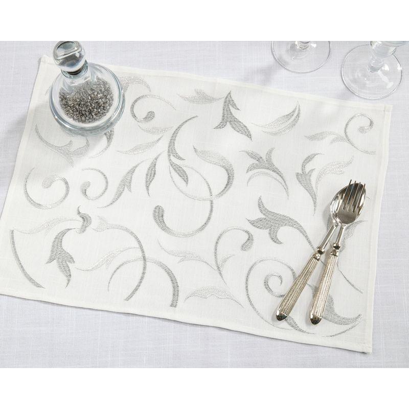 Silver Botanical Embroidered Fabric Rectangle Placemats, Set of 4