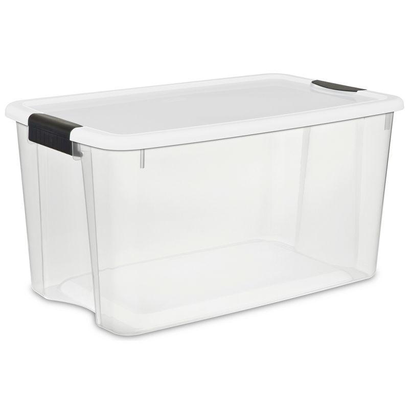 Sterilite Ultra Latch Box, Stackable Storage Bin with Lid, Plastic Container with Heavy Duty Latches to Organize, Clear and White Lid