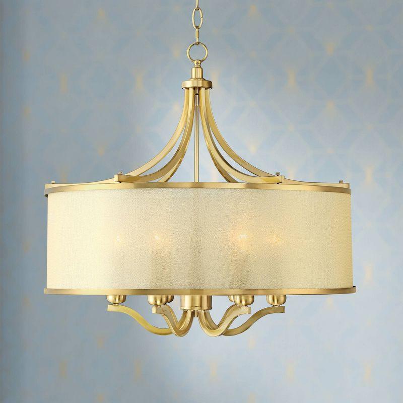 Possini Euro Design Sydney Warm Brass Drum Chandelier 25" Wide Modern Clear Gold Organza Shade 6-Light Fixture for Dining Room House Kitchen Island