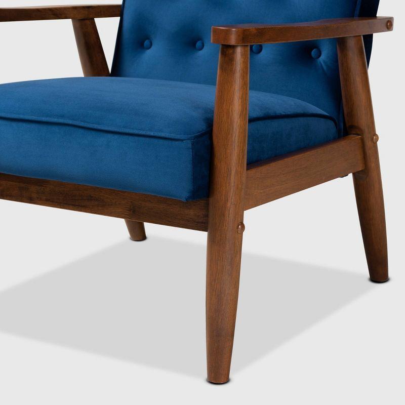 Sorrento Velvet Upholstered Wooden Lounge Chair Navy Blue/Brown - Baxton Studio: Mid-Century Modern, Button-Tufted, Danish Design