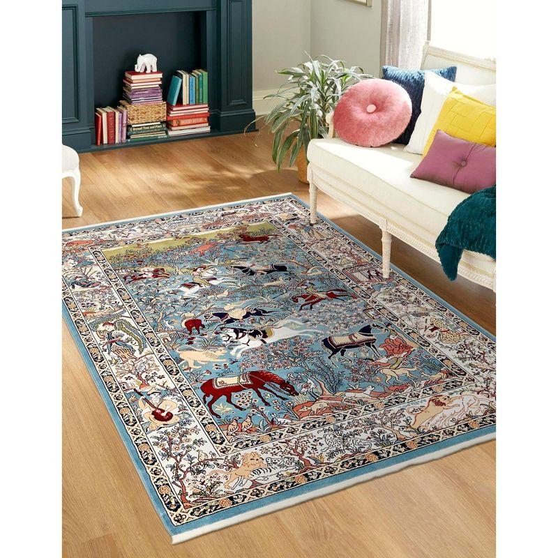 Blue and Tan Floral Rectangular Synthetic Area Rug