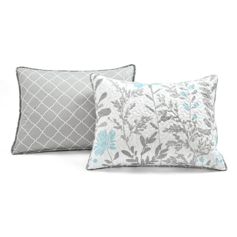 Blue and Gray Reversible Floral Microfiber Full Quilt Set