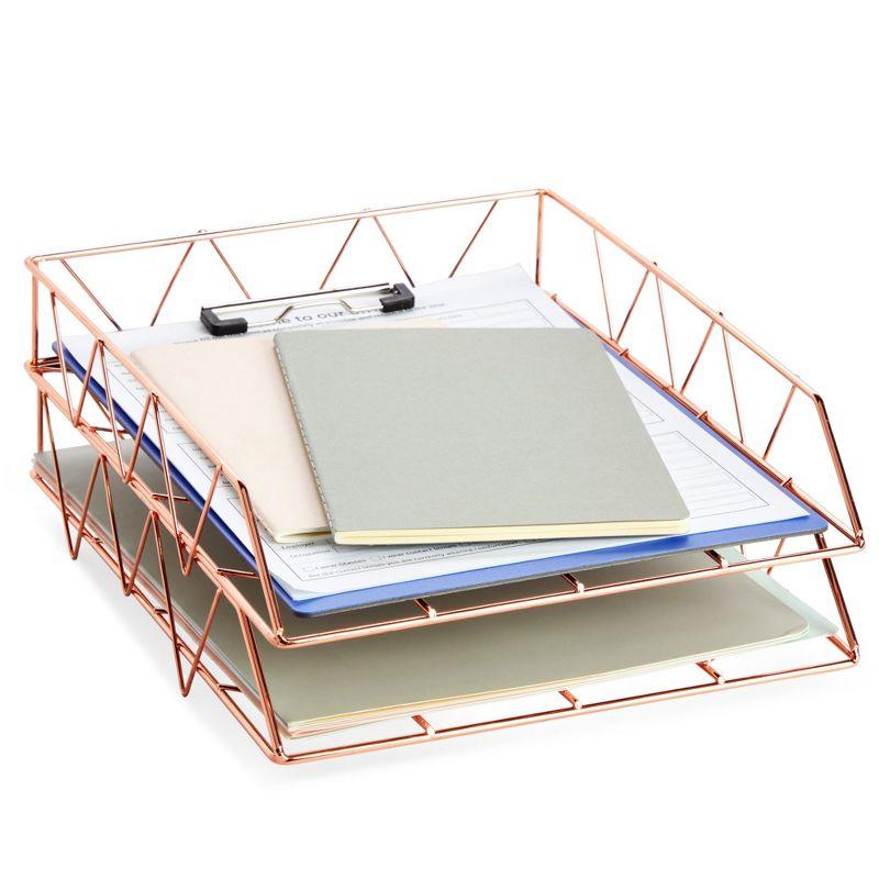 Paper Junkie 2 Pack Metal Rose Gold Desk Organizer, Paper, Letter, File and Document Holder, 10 x 12 In