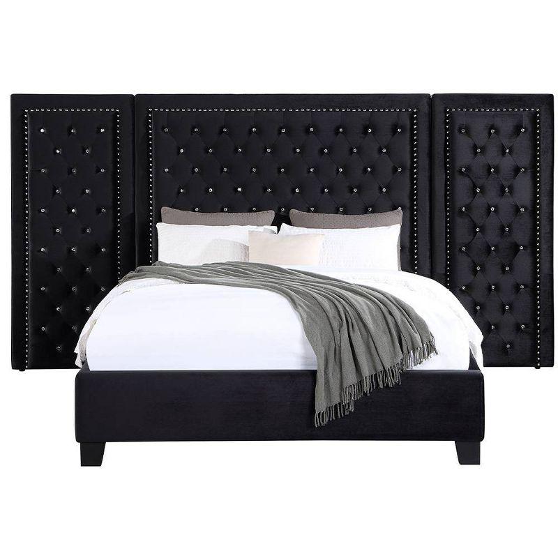 Damazy 86" King Bed Black Velvet - Acme Furniture: Crystal-like Tufting, Nailhead Trim, No Box Spring Required