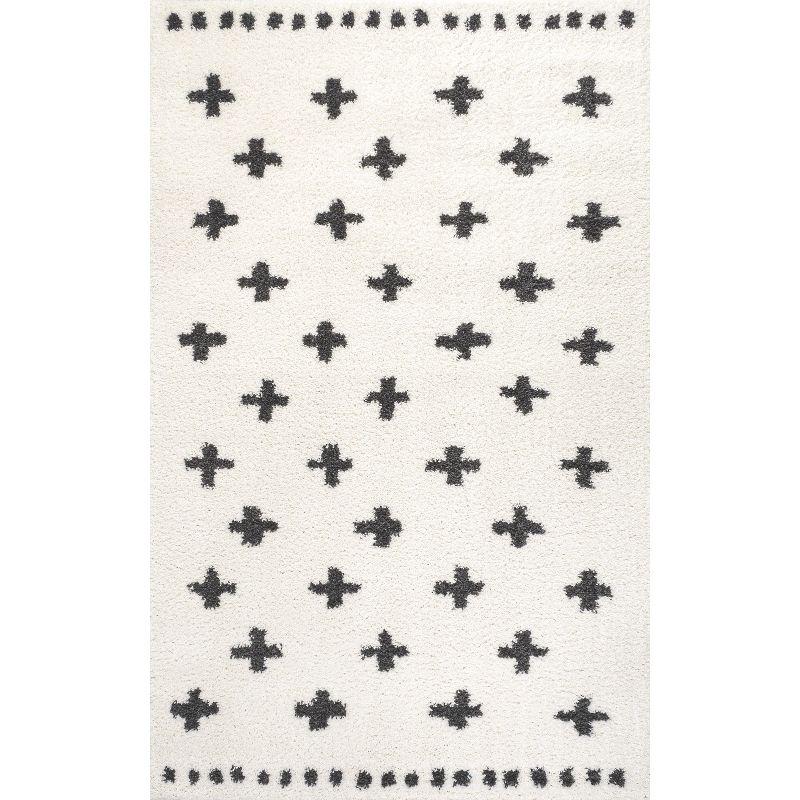 Reversible White/Black Geometric Shag Synthetic Area Rug