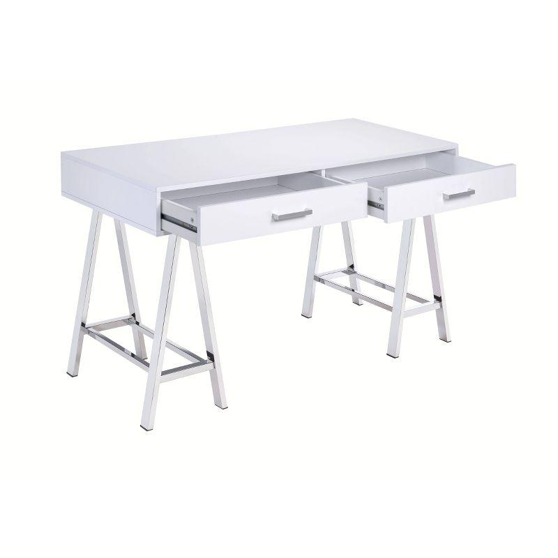 Modern White Wood Desk with Chrome Sawhorse Legs and Dual Drawers