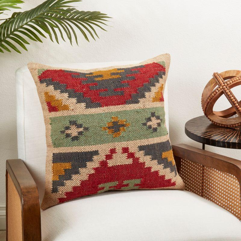 Multicolor Kilim Design Square Wool and Jute Throw Pillow