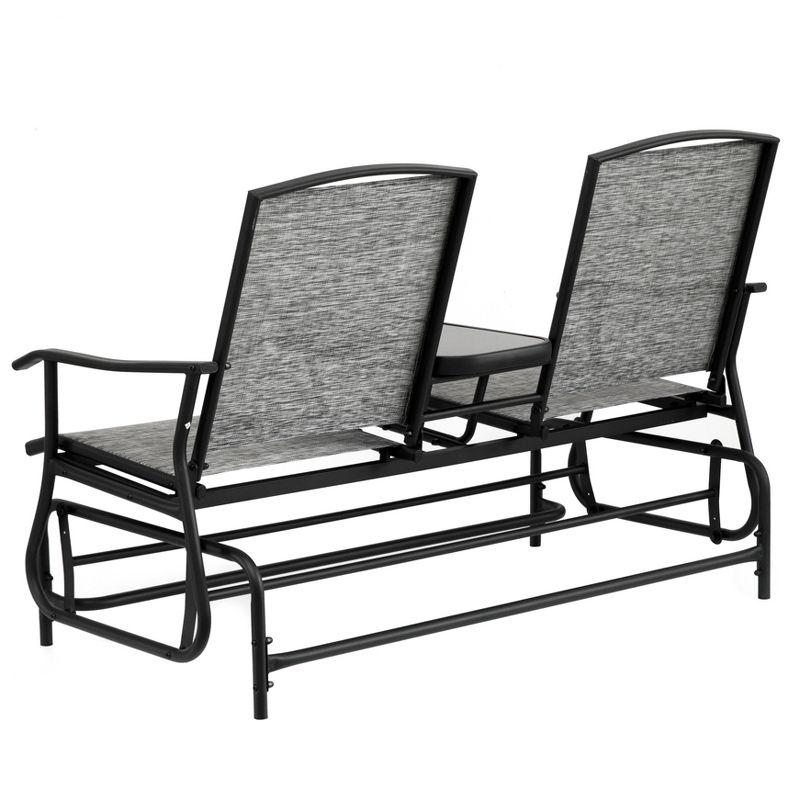 Gardenised Two Person Outdoor Double Swing Glider Chair Set with Center Tempered Glass Table, Loveseat Lawn Rocker Bench