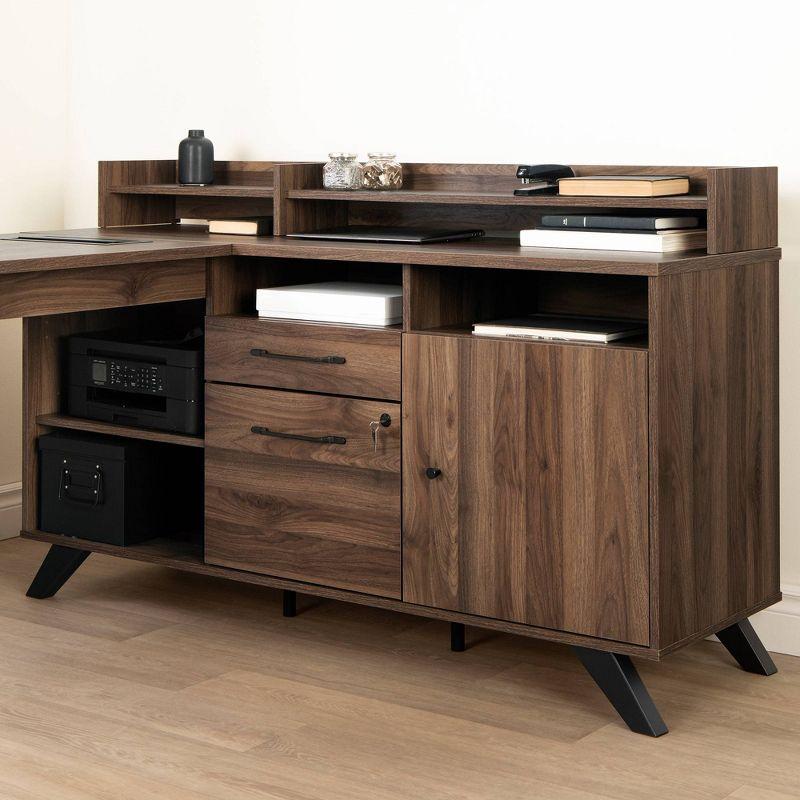 Natural Walnut L-Shaped Executive Desk with Hutch and Power Outlet