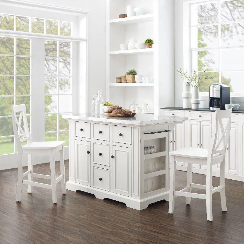 Julia 50'' White and Stainless Steel Kitchen Island Set with Stools