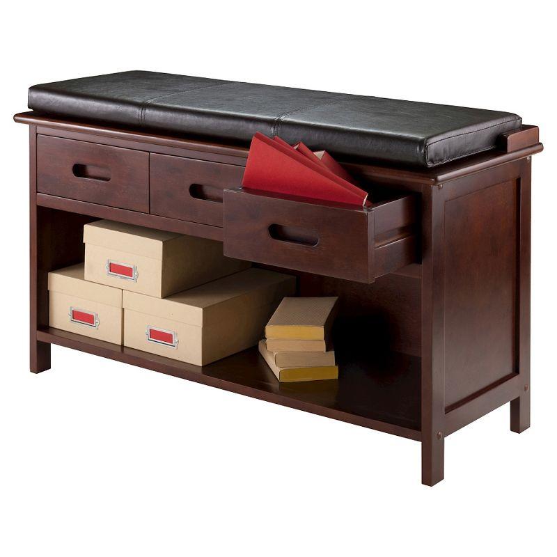 Adriana Entryway Storage Bench with Cushion Walnut - Winsome: Solid Wood, 3 Drawers, Faux Leather