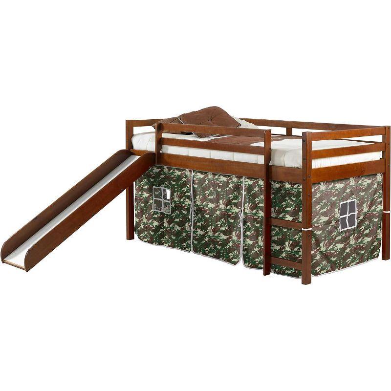 Espresso Twin Pine Loft Bed with Camo Tent and Slide