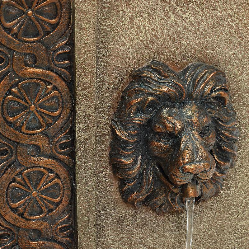 LuxenHome 25.8" H Sandstone Resin Regal Lion Head Floor Outdoor Water Fountain with Lights Brown