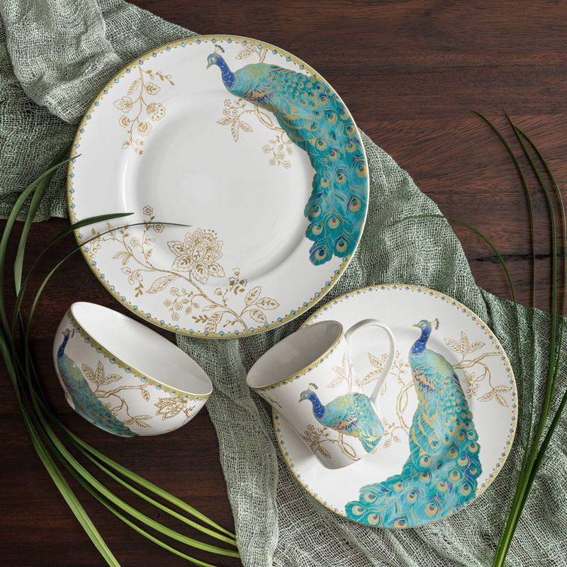 222 Fifth Peacock Garden Porcelain 16pc Dinnerware Set White: Round Dish Set, Service for 4, Bird Pattern, Dishwasher-Safe