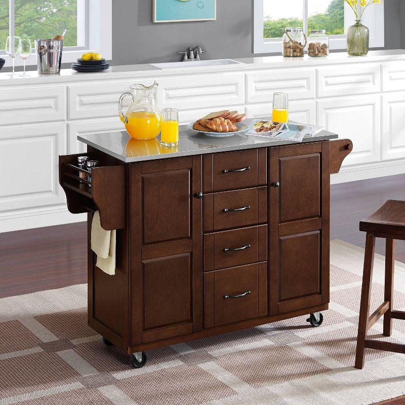 Eleanor Stainless Steel Top Kitchen Cart Mahogany/Stainless Steel - Crosley: 2 Cabinets, Spice Rack, 4 Drawers