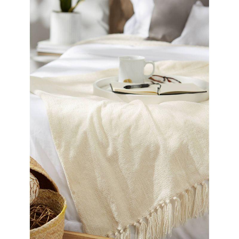 Cream Knitted Chenille Throw Blanket with Fringe