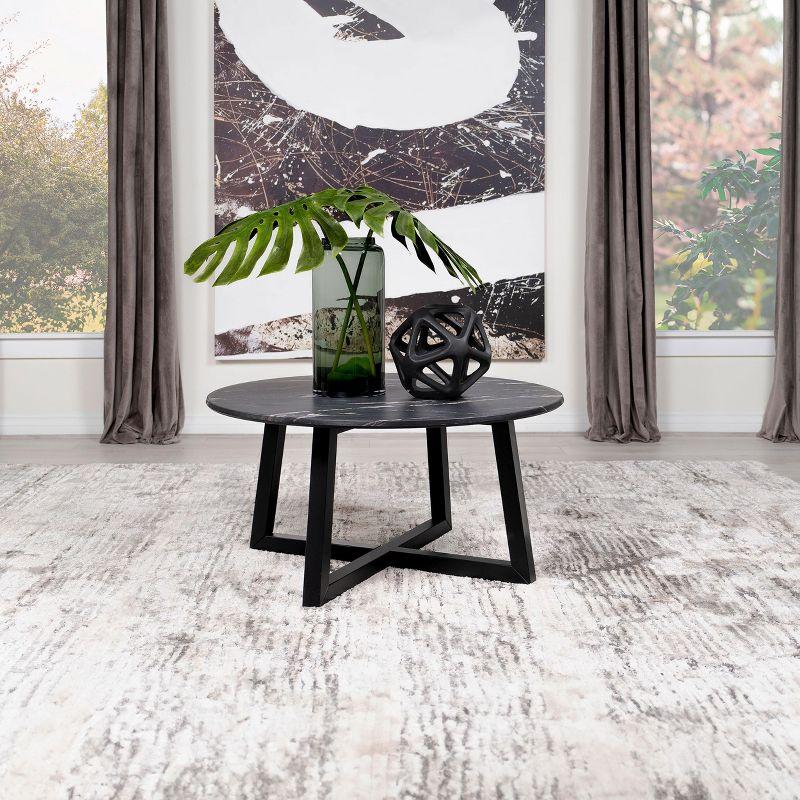 Round Black Faux Marble and Light Oak Coffee Table